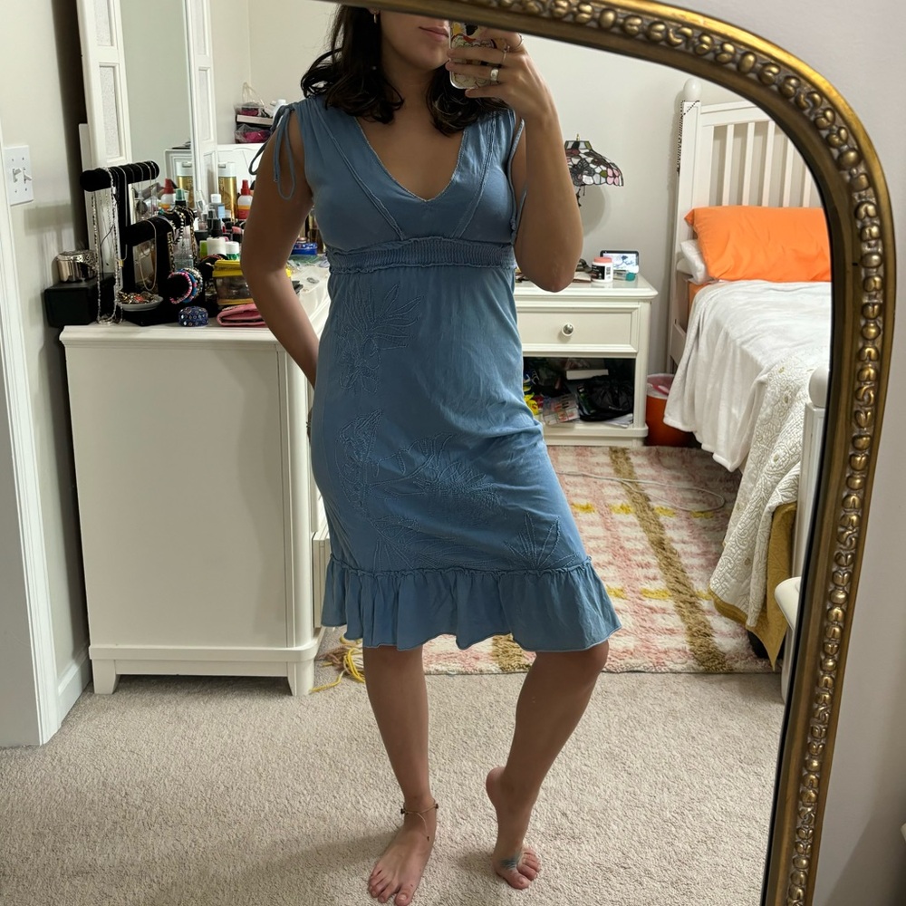 Y2K Billabong Dress XS Vintage 2000’s Blue Mini Ruched Tie Bow Ruffle Vneck